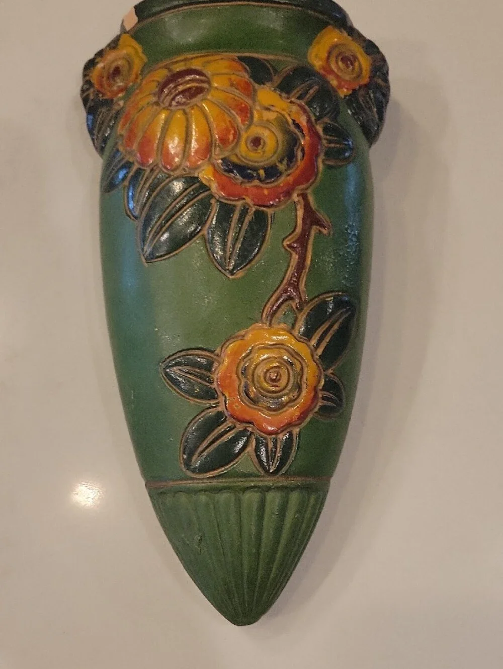 Vintage Green Floral Wall Pocket Vase with Raised Yellow Flowers